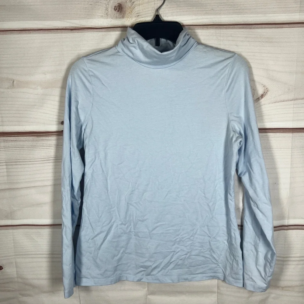 Lands' End Shaped Fit T-Shirt Women Medium Blue Solid Turtleneck Long Sleeve Top